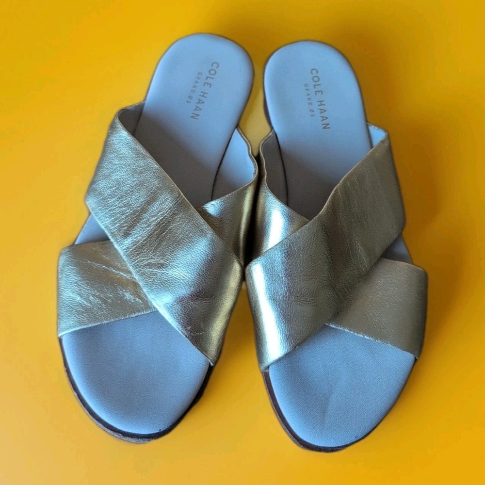 Cole Haan Anica Criss Cross Leather‎ Sandal, Gold, Womens Size 6 B